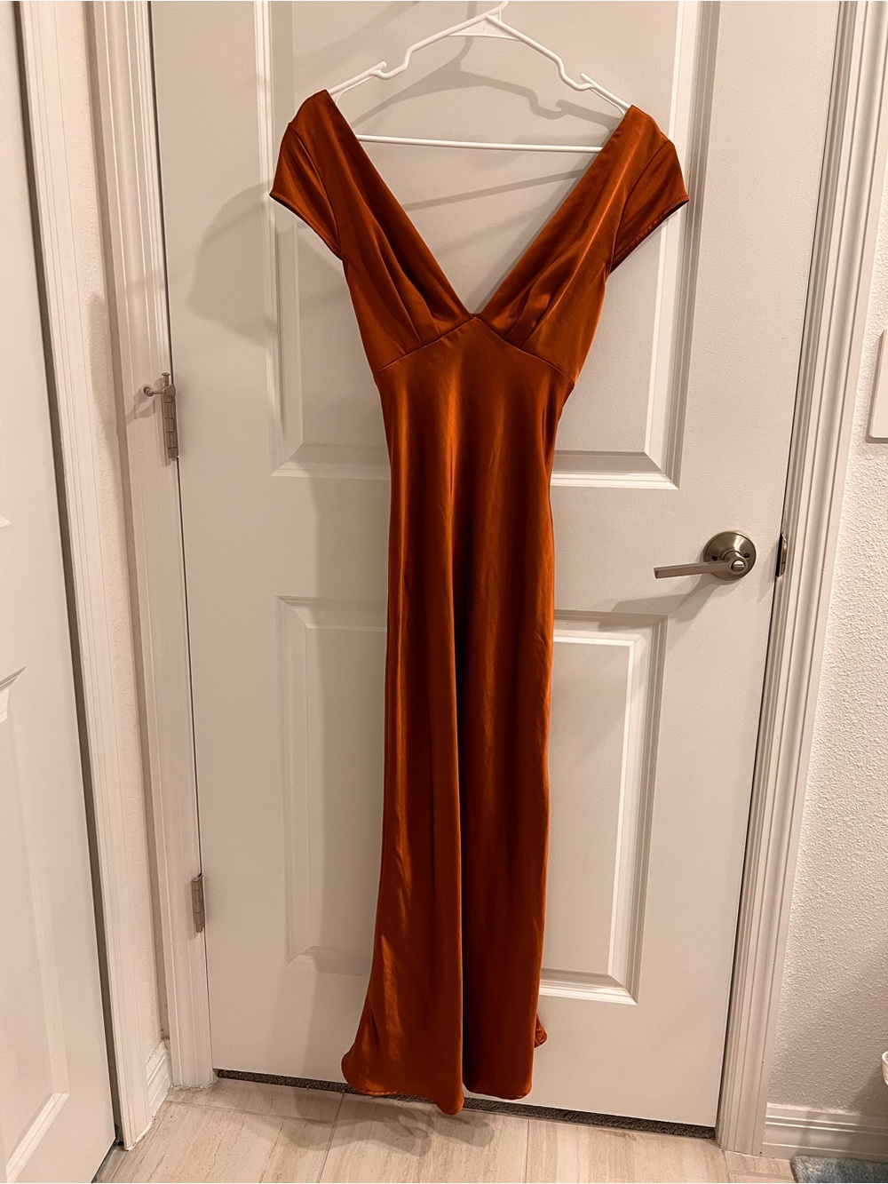 Rust Satin V-Neck Women’s Evening Dress
